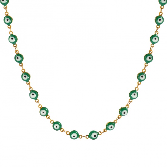 Bild von Großhandel Böser Blick Evil Eye Grün Doppelseitige Emaille Handgefertigte Gliederkette Halskette, 18K Echtgold plattiert 304 Edelstahl, Frauen Umweltfreundliche PVD-Vakuumbeschichtung, wasserdicht, anlaufgeschützt und hypoallergen Religiös Retro Geschenk Schmuck für Einzelhändler, 40cm + 5cm lang, K