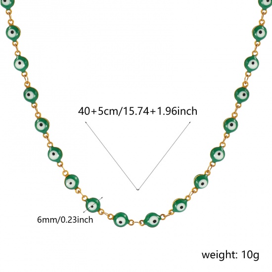 Bild von Großhandel Böser Blick Evil Eye Grün Doppelseitige Emaille Handgefertigte Gliederkette Halskette, 18K Echtgold plattiert 304 Edelstahl, Frauen Umweltfreundliche PVD-Vakuumbeschichtung, wasserdicht, anlaufgeschützt und hypoallergen Religiös Retro Geschenk Schmuck für Einzelhändler, 40cm + 5cm lang, K