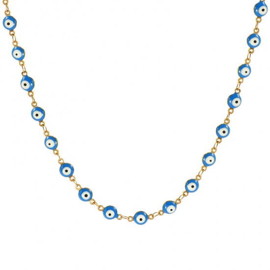 Bild von Großhandel Böser Blick Evil Eye Blau Doppelseitige Emaille Handgefertigte Gliederkette Halskette, 18K Echtgold plattiert 304 Edelstahl, Frauen Umweltfreundliche PVD-Vakuumbeschichtung, wasserdicht, anlaufgeschützt und hypoallergen Religiös Retro Geschenk Schmuck für Einzelhändler, 40cm + 5cm lang, K