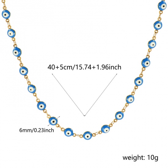 Bild von Großhandel Böser Blick Evil Eye Blau Doppelseitige Emaille Handgefertigte Gliederkette Halskette, 18K Echtgold plattiert 304 Edelstahl, Frauen Umweltfreundliche PVD-Vakuumbeschichtung, wasserdicht, anlaufgeschützt und hypoallergen Religiös Retro Geschenk Schmuck für Einzelhändler, 40cm + 5cm lang, K