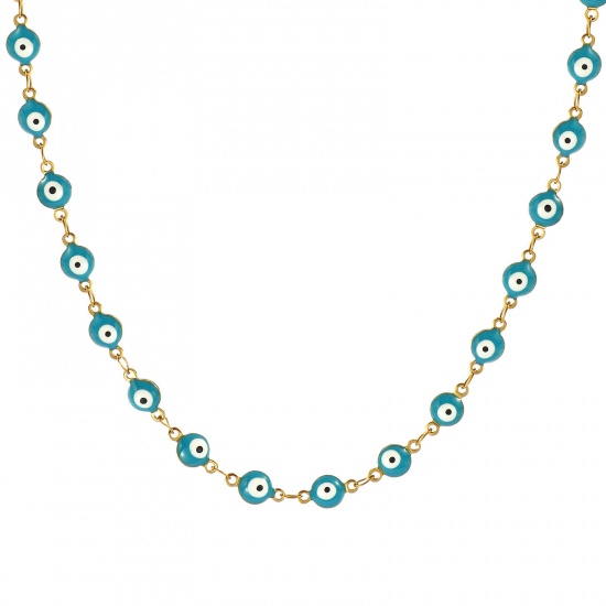 Bild von Großhandel Böser Blick Evil Eye Cyan Doppelseitige Emaille Handgefertigte Gliederkette Halskette, 18K Echtgold plattiert 304 Edelstahl, Frauen Umweltfreundliche PVD-Vakuumbeschichtung, wasserdicht, anlaufgeschützt und hypoallergen Religiös Retro Geschenk Schmuck für Einzelhändler, 40cm + 5cm lang, K