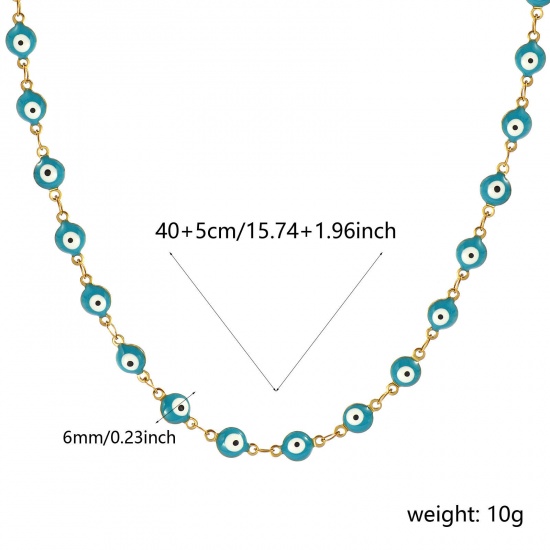 Bild von Großhandel Böser Blick Evil Eye Cyan Doppelseitige Emaille Handgefertigte Gliederkette Halskette, 18K Echtgold plattiert 304 Edelstahl, Frauen Umweltfreundliche PVD-Vakuumbeschichtung, wasserdicht, anlaufgeschützt und hypoallergen Religiös Retro Geschenk Schmuck für Einzelhändler, 40cm + 5cm lang, K