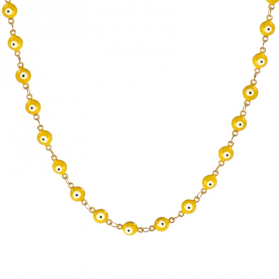 Bild von Großhandel Böser Blick Evil Eye Gelb Doppelseitige Emaille Handgefertigte Gliederkette Halskette, 18K Echtgold plattiert 304 Edelstahl, Frauen Umweltfreundliche PVD-Vakuumbeschichtung, wasserdicht, anlaufgeschützt und hypoallergen Religiös Retro Geschenk Schmuck für Einzelhändler, 40cm + 5cm lang, K