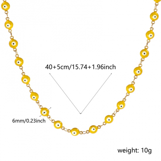 Bild von Großhandel Böser Blick Evil Eye Gelb Doppelseitige Emaille Handgefertigte Gliederkette Halskette, 18K Echtgold plattiert 304 Edelstahl, Frauen Umweltfreundliche PVD-Vakuumbeschichtung, wasserdicht, anlaufgeschützt und hypoallergen Religiös Retro Geschenk Schmuck für Einzelhändler, 40cm + 5cm lang, K