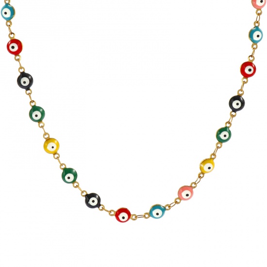 Bild von Großhandel Böser Blick Evil Eye Bunt Doppelseitige Emaille Handgefertigte Gliederkette Halskette, 18K Echtgold plattiert 304 Edelstahl, Frauen Umweltfreundliche PVD-Vakuumbeschichtung, wasserdicht, anlaufgeschützt und hypoallergen Religiös Retro Geschenk Schmuck für Einzelhändler, 40cm + 5cm lang, K