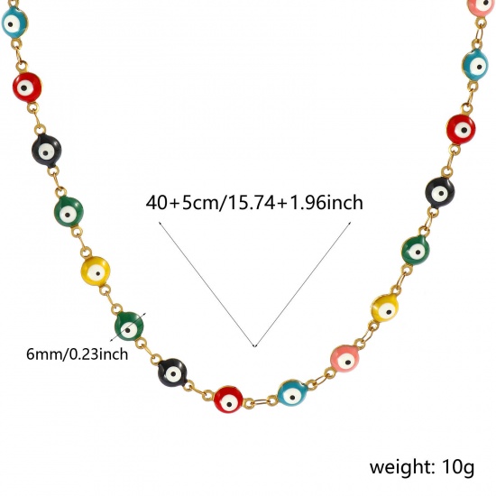 Bild von Großhandel Böser Blick Evil Eye Bunt Doppelseitige Emaille Handgefertigte Gliederkette Halskette, 18K Echtgold plattiert 304 Edelstahl, Frauen Umweltfreundliche PVD-Vakuumbeschichtung, wasserdicht, anlaufgeschützt und hypoallergen Religiös Retro Geschenk Schmuck für Einzelhändler, 40cm + 5cm lang, K
