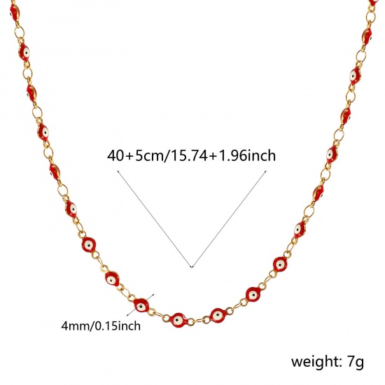 Bild von Großhandel Böser Blick Evil Eye Rot Doppelseitige Emaille Handgefertigte Gliederkette Halskette, 18K Echtgold plattiert 304 Edelstahl, Frauen Umweltfreundliche PVD-Vakuumbeschichtung, wasserdicht, anlaufgeschützt und hypoallergen Religiös Retro Geschenk Schmuck für Einzelhändler, 40cm + 5cm lang, Ke