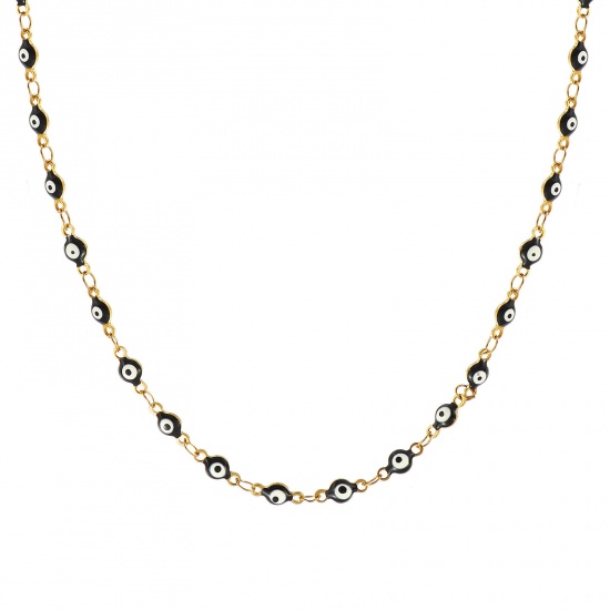 Bild von Großhandel Böser Blick Evil Eye Schwarz Doppelseitige Emaille Handgefertigte Gliederkette Halskette, 18K Echtgold plattiert 304 Edelstahl, Frauen Umweltfreundliche PVD-Vakuumbeschichtung, wasserdicht, anlaufgeschützt und hypoallergen Religiös Retro Geschenk Schmuck für Einzelhändler, 40cm + 5cm lang