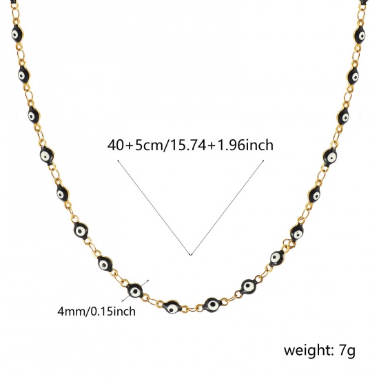 Bild von Großhandel Böser Blick Evil Eye Schwarz Doppelseitige Emaille Handgefertigte Gliederkette Halskette, 18K Echtgold plattiert 304 Edelstahl, Frauen Umweltfreundliche PVD-Vakuumbeschichtung, wasserdicht, anlaufgeschützt und hypoallergen Religiös Retro Geschenk Schmuck für Einzelhändler, 40cm + 5cm lang