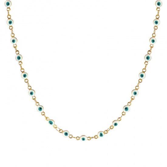 Bild von Großhandel Böser Blick Evil Eye Weiß Doppelseitige Emaille Handgefertigte Gliederkette Halskette, 18K Echtgold plattiert 304 Edelstahl, Frauen Umweltfreundliche PVD-Vakuumbeschichtung, wasserdicht, anlaufgeschützt und hypoallergen Religiös Retro Geschenk Schmuck für Einzelhändler, 40cm + 5cm lang, K