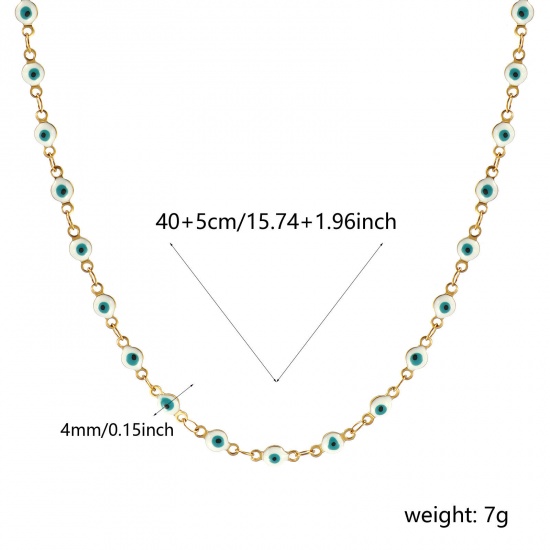 Bild von Großhandel Böser Blick Evil Eye Weiß Doppelseitige Emaille Handgefertigte Gliederkette Halskette, 18K Echtgold plattiert 304 Edelstahl, Frauen Umweltfreundliche PVD-Vakuumbeschichtung, wasserdicht, anlaufgeschützt und hypoallergen Religiös Retro Geschenk Schmuck für Einzelhändler, 40cm + 5cm lang, K