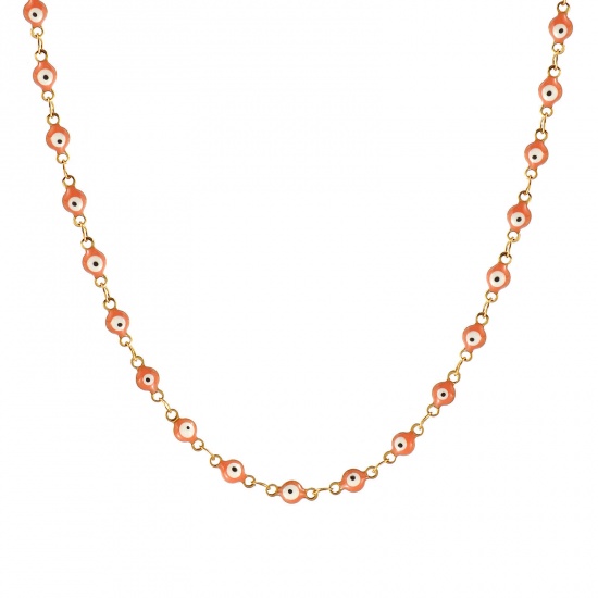 Bild von Großhandel Böser Blick Evil Eye Orange Rosa Doppelseitige Emaille Handgefertigte Gliederkette Halskette, 18K Echtgold plattiert 304 Edelstahl, Frauen Umweltfreundliche PVD-Vakuumbeschichtung, wasserdicht, anlaufgeschützt und hypoallergen Religiös Retro Geschenk Schmuck für Einzelhändler, 40cm + 5cm