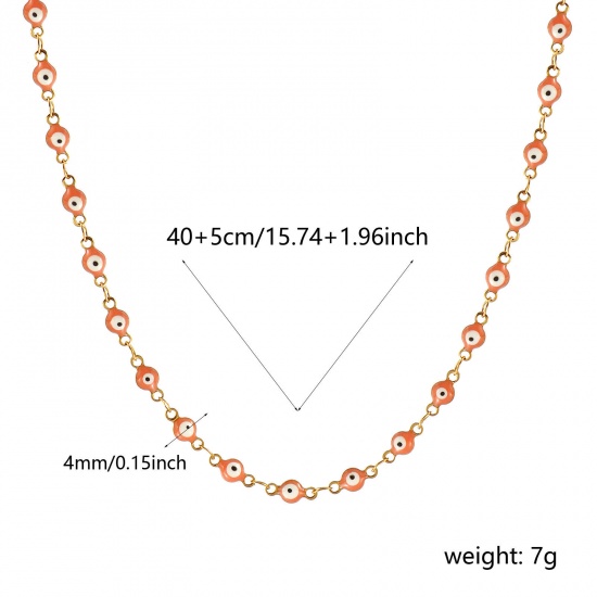 Bild von Großhandel Böser Blick Evil Eye Orange Rosa Doppelseitige Emaille Handgefertigte Gliederkette Halskette, 18K Echtgold plattiert 304 Edelstahl, Frauen Umweltfreundliche PVD-Vakuumbeschichtung, wasserdicht, anlaufgeschützt und hypoallergen Religiös Retro Geschenk Schmuck für Einzelhändler, 40cm + 5cm