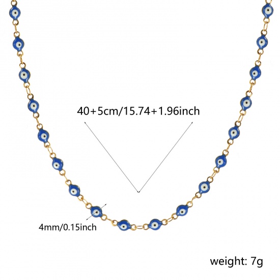 Bild von Großhandel Böser Blick Evil Eye Dunkelblau Doppelseitige Emaille Handgefertigte Gliederkette Halskette, 18K Echtgold plattiert 304 Edelstahl, Frauen Umweltfreundliche PVD-Vakuumbeschichtung, wasserdicht, anlaufgeschützt und hypoallergen Religiös Retro Geschenk Schmuck für Einzelhändler, 40cm + 5cm l
