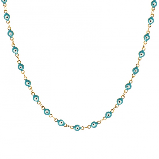 Bild von Großhandel Böser Blick Evil Eye Cyan Doppelseitige Emaille Handgefertigte Gliederkette Halskette, 18K Echtgold plattiert 304 Edelstahl, Frauen Umweltfreundliche PVD-Vakuumbeschichtung, wasserdicht, anlaufgeschützt und hypoallergen Religiös Retro Geschenk Schmuck für Einzelhändler, 40cm + 5cm lang, K