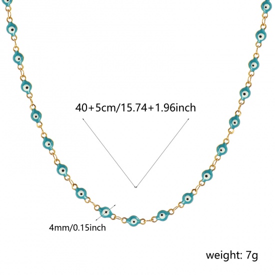 Bild von Großhandel Böser Blick Evil Eye Cyan Doppelseitige Emaille Handgefertigte Gliederkette Halskette, 18K Echtgold plattiert 304 Edelstahl, Frauen Umweltfreundliche PVD-Vakuumbeschichtung, wasserdicht, anlaufgeschützt und hypoallergen Religiös Retro Geschenk Schmuck für Einzelhändler, 40cm + 5cm lang, K