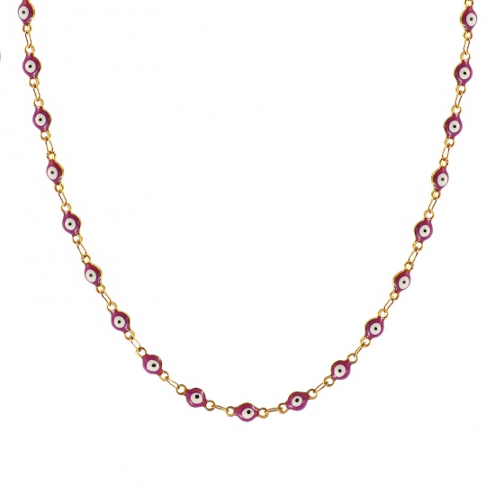 Bild von Großhandel Böser Blick Evil Eye Lila Doppelseitige Emaille Handgefertigte Gliederkette Halskette, 18K Echtgold plattiert 304 Edelstahl, Frauen Umweltfreundliche PVD-Vakuumbeschichtung, wasserdicht, anlaufgeschützt und hypoallergen Religiös Retro Geschenk Schmuck für Einzelhändler, 40cm + 5cm lang, K