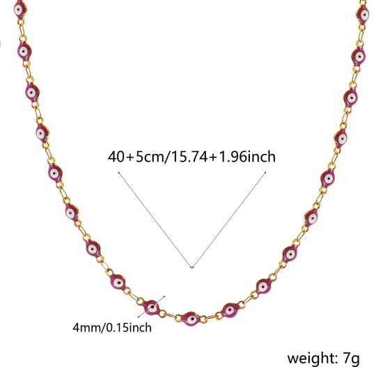 Bild von Großhandel Böser Blick Evil Eye Lila Doppelseitige Emaille Handgefertigte Gliederkette Halskette, 18K Echtgold plattiert 304 Edelstahl, Frauen Umweltfreundliche PVD-Vakuumbeschichtung, wasserdicht, anlaufgeschützt und hypoallergen Religiös Retro Geschenk Schmuck für Einzelhändler, 40cm + 5cm lang, K