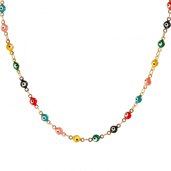Bild von Großhandel Böser Blick Evil Eye Bunt Doppelseitige Emaille Handgefertigte Gliederkette Halskette, 18K Echtgold plattiert 304 Edelstahl, Frauen Umweltfreundliche PVD-Vakuumbeschichtung, wasserdicht, anlaufgeschützt und hypoallergen Religiös Retro Geschenk Schmuck für Einzelhändler, 40cm + 5cm lang, K