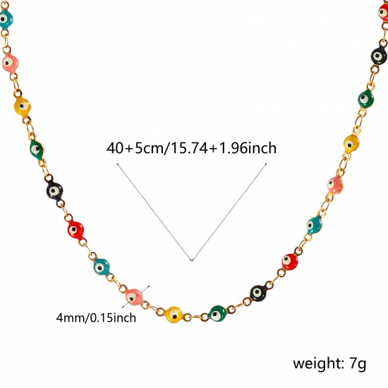 Bild von Großhandel Böser Blick Evil Eye Bunt Doppelseitige Emaille Handgefertigte Gliederkette Halskette, 18K Echtgold plattiert 304 Edelstahl, Frauen Umweltfreundliche PVD-Vakuumbeschichtung, wasserdicht, anlaufgeschützt und hypoallergen Religiös Retro Geschenk Schmuck für Einzelhändler, 40cm + 5cm lang, K
