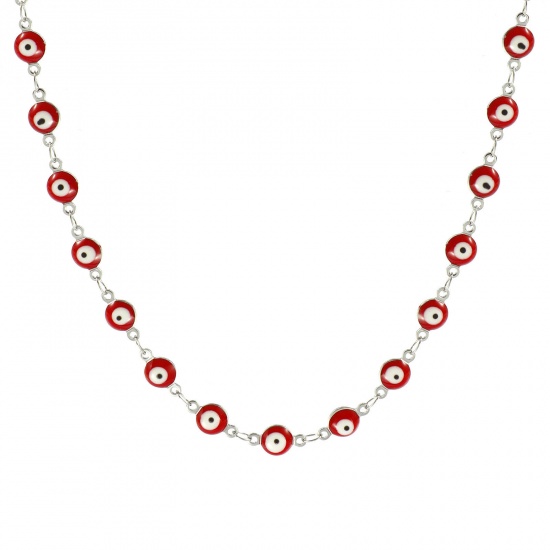 Immagine di Malocchio Rosso Smalto a Doppia Faccia Collana All'Ingrosso, Catena a Maglia Fatta a Mano Tono Argento 304 Acciaio Inossidabile, Donne Ecologico Religione Retrò Regalo Gioielli Per Rivenditore, 40cm + 5cm Lunghezza, Dimensione della Catena: 6mm, 1 Pz