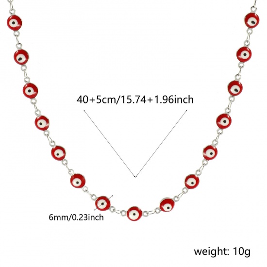 Immagine di Malocchio Rosso Smalto a Doppia Faccia Collana All'Ingrosso, Catena a Maglia Fatta a Mano Tono Argento 304 Acciaio Inossidabile, Donne Ecologico Religione Retrò Regalo Gioielli Per Rivenditore, 40cm + 5cm Lunghezza, Dimensione della Catena: 6mm, 1 Pz