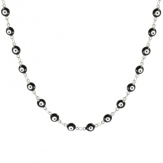 Immagine di Malocchio Nero Smalto a Doppia Faccia Collana All'Ingrosso, Catena a Maglia Fatta a Mano Tono Argento 304 Acciaio Inossidabile, Donne Ecologico Religione Retrò Regalo Gioielli Per Rivenditore, 40cm + 5cm Lunghezza, Dimensione della Catena: 6mm, 1 Pz