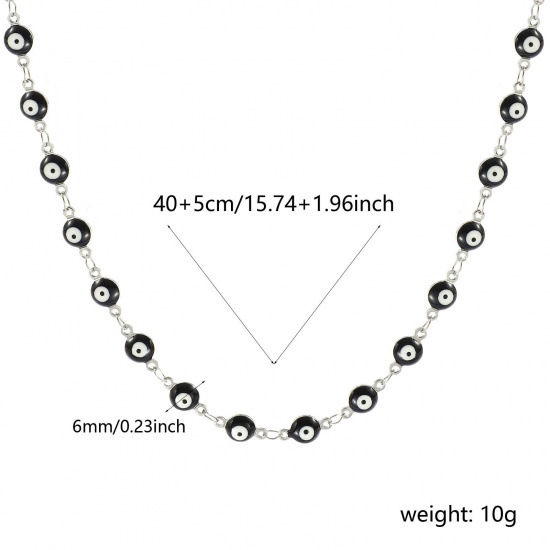 Immagine di Malocchio Nero Smalto a Doppia Faccia Collana All'Ingrosso, Catena a Maglia Fatta a Mano Tono Argento 304 Acciaio Inossidabile, Donne Ecologico Religione Retrò Regalo Gioielli Per Rivenditore, 40cm + 5cm Lunghezza, Dimensione della Catena: 6mm, 1 Pz
