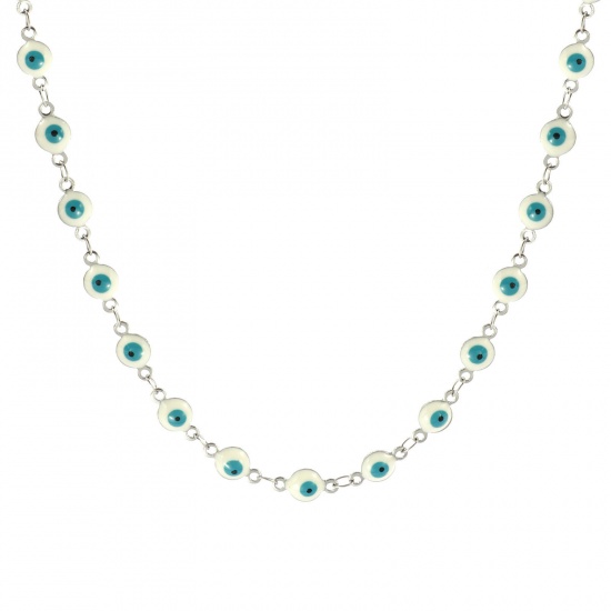 Immagine di Malocchio Verde Blu Smalto a Doppia Faccia Collana All'Ingrosso, Catena a Maglia Fatta a Mano Tono Argento 304 Acciaio Inossidabile, Donne Ecologico Religione Retrò Regalo Gioielli Per Rivenditore, 40cm + 5cm Lunghezza, Dimensione della Catena: 6mm, 1 Pz