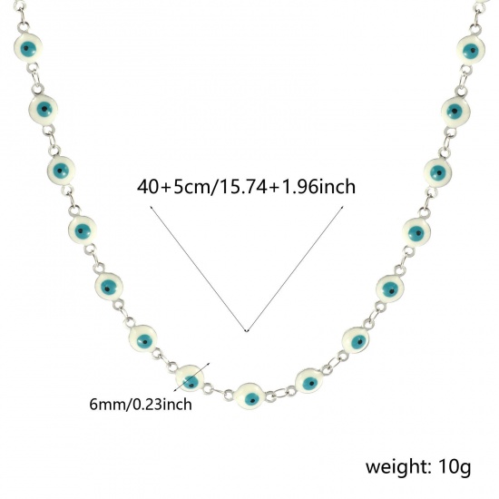 Immagine di Malocchio Verde Blu Smalto a Doppia Faccia Collana All'Ingrosso, Catena a Maglia Fatta a Mano Tono Argento 304 Acciaio Inossidabile, Donne Ecologico Religione Retrò Regalo Gioielli Per Rivenditore, 40cm + 5cm Lunghezza, Dimensione della Catena: 6mm, 1 Pz