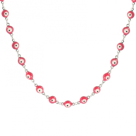 Immagine di Malocchio Rosa Smalto a Doppia Faccia Collana All'Ingrosso, Catena a Maglia Fatta a Mano Tono Argento 304 Acciaio Inossidabile, Donne Ecologico Religione Retrò Regalo Gioielli Per Rivenditore, 40cm + 5cm Lunghezza, Dimensione della Catena: 6mm, 1 Pz