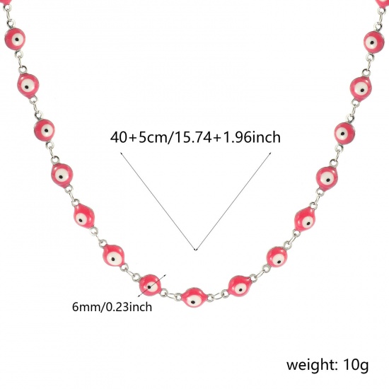 Immagine di Malocchio Rosa Smalto a Doppia Faccia Collana All'Ingrosso, Catena a Maglia Fatta a Mano Tono Argento 304 Acciaio Inossidabile, Donne Ecologico Religione Retrò Regalo Gioielli Per Rivenditore, 40cm + 5cm Lunghezza, Dimensione della Catena: 6mm, 1 Pz