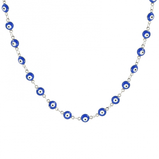 Immagine di Malocchio Blu Scuro Smalto a Doppia Faccia Collana All'Ingrosso, Catena a Maglia Fatta a Mano Tono Argento 304 Acciaio Inossidabile, Donne Ecologico Religione Retrò Regalo Gioielli Per Rivenditore, 40cm + 5cm Lunghezza, Dimensione della Catena: 6mm, 1 Pz