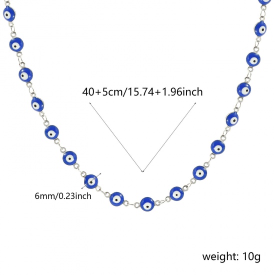 Immagine di Malocchio Blu Scuro Smalto a Doppia Faccia Collana All'Ingrosso, Catena a Maglia Fatta a Mano Tono Argento 304 Acciaio Inossidabile, Donne Ecologico Religione Retrò Regalo Gioielli Per Rivenditore, 40cm + 5cm Lunghezza, Dimensione della Catena: 6mm, 1 Pz