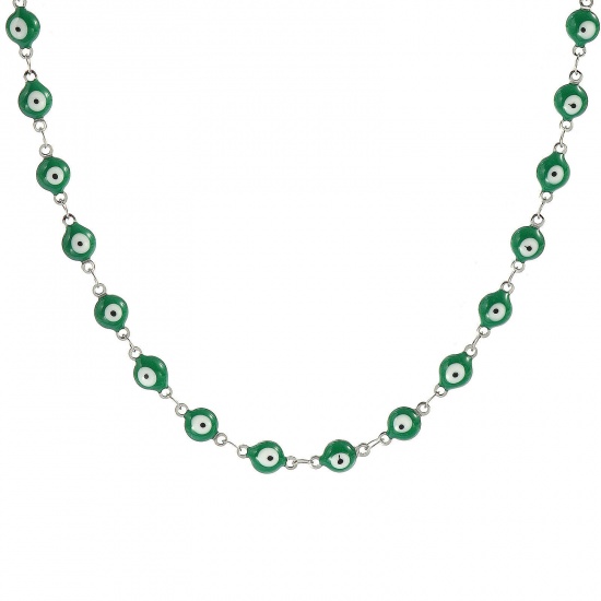 Immagine di Malocchio Verde Smalto a Doppia Faccia Collana All'Ingrosso, Catena a Maglia Fatta a Mano Tono Argento 304 Acciaio Inossidabile, Donne Ecologico Religione Retrò Regalo Gioielli Per Rivenditore, 40cm + 5cm Lunghezza, Dimensione della Catena: 6mm, 1 Pz