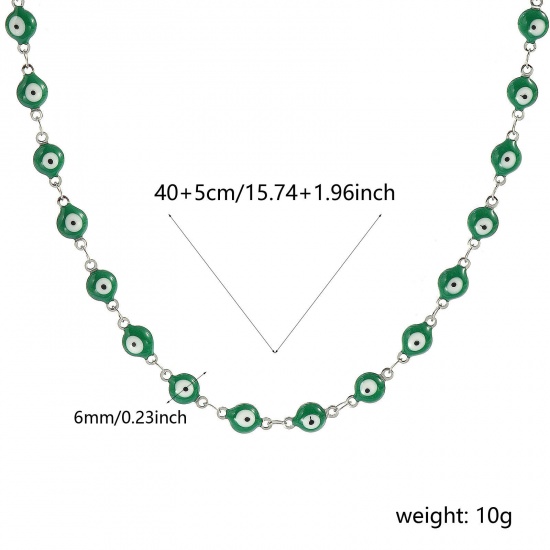 Immagine di Malocchio Verde Smalto a Doppia Faccia Collana All'Ingrosso, Catena a Maglia Fatta a Mano Tono Argento 304 Acciaio Inossidabile, Donne Ecologico Religione Retrò Regalo Gioielli Per Rivenditore, 40cm + 5cm Lunghezza, Dimensione della Catena: 6mm, 1 Pz