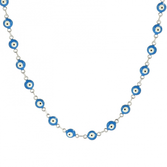 Immagine di Malocchio Blu Smalto a Doppia Faccia Collana All'Ingrosso, Catena a Maglia Fatta a Mano Tono Argento 304 Acciaio Inossidabile, Donne Ecologico Religione Retrò Regalo Gioielli Per Rivenditore, 40cm + 5cm Lunghezza, Dimensione della Catena: 6mm, 1 Pz
