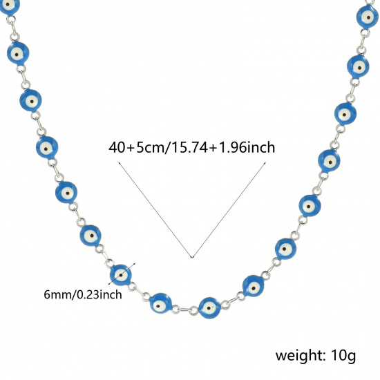 Immagine di Malocchio Blu Smalto a Doppia Faccia Collana All'Ingrosso, Catena a Maglia Fatta a Mano Tono Argento 304 Acciaio Inossidabile, Donne Ecologico Religione Retrò Regalo Gioielli Per Rivenditore, 40cm + 5cm Lunghezza, Dimensione della Catena: 6mm, 1 Pz