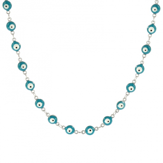 Immagine di Malocchio Verde Blu Smalto a Doppia Faccia Collana All'Ingrosso, Catena a Maglia Fatta a Mano Tono Argento 304 Acciaio Inossidabile, Donne Ecologico Religione Retrò Regalo Gioielli Per Rivenditore, 40cm + 5cm Lunghezza, Dimensione della Catena: 6mm, 1 Pz