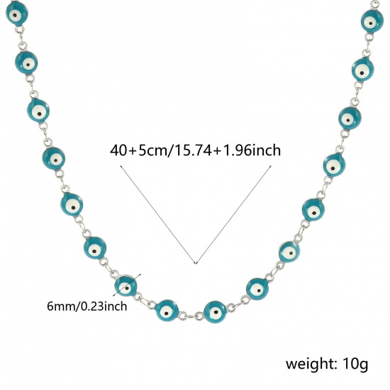 Immagine di Malocchio Verde Blu Smalto a Doppia Faccia Collana All'Ingrosso, Catena a Maglia Fatta a Mano Tono Argento 304 Acciaio Inossidabile, Donne Ecologico Religione Retrò Regalo Gioielli Per Rivenditore, 40cm + 5cm Lunghezza, Dimensione della Catena: 6mm, 1 Pz