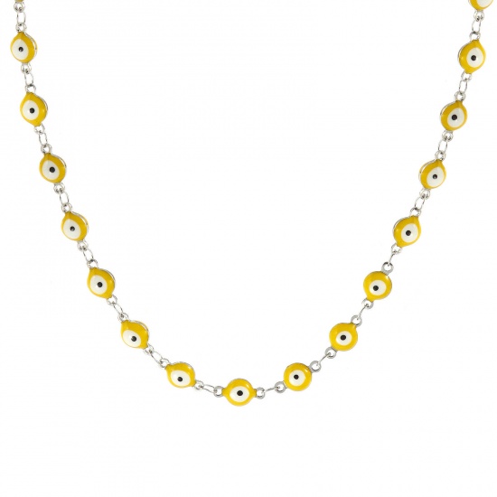 Immagine di Malocchio Giallo Smalto a Doppia Faccia Collana All'Ingrosso, Catena a Maglia Fatta a Mano Tono Argento 304 Acciaio Inossidabile, Donne Ecologico Religione Retrò Regalo Gioielli Per Rivenditore, 40cm + 5cm Lunghezza, Dimensione della Catena: 6mm, 1 Pz