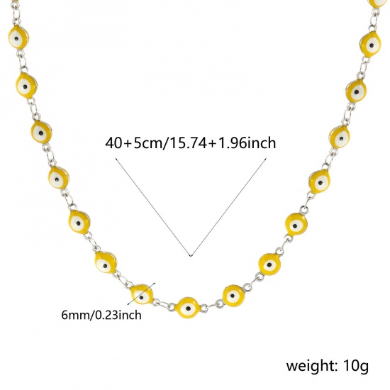 Immagine di Malocchio Giallo Smalto a Doppia Faccia Collana All'Ingrosso, Catena a Maglia Fatta a Mano Tono Argento 304 Acciaio Inossidabile, Donne Ecologico Religione Retrò Regalo Gioielli Per Rivenditore, 40cm + 5cm Lunghezza, Dimensione della Catena: 6mm, 1 Pz