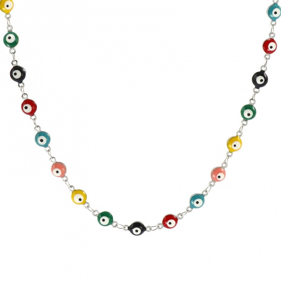 Immagine di Malocchio Multicolore Smalto a Doppia Faccia Collana All'Ingrosso, Catena a Maglia Fatta a Mano Tono Argento 304 Acciaio Inossidabile, Donne Ecologico Religione Retrò Regalo Gioielli Per Rivenditore, 40cm + 5cm Lunghezza, Dimensione della Catena: 6mm, 1 Pz