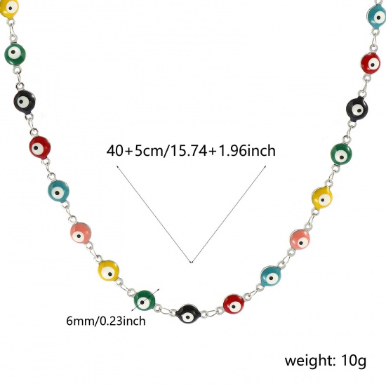Immagine di Malocchio Multicolore Smalto a Doppia Faccia Collana All'Ingrosso, Catena a Maglia Fatta a Mano Tono Argento 304 Acciaio Inossidabile, Donne Ecologico Religione Retrò Regalo Gioielli Per Rivenditore, 40cm + 5cm Lunghezza, Dimensione della Catena: 6mm, 1 Pz