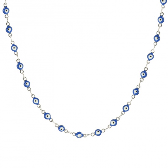 Immagine di Malocchio Blu Scuro Smalto a Doppia Faccia Collana All'Ingrosso, Catena a Maglia Fatta a Mano Tono Argento 304 Acciaio Inossidabile, Donne Ecologico Religione Retrò Regalo Gioielli Per Rivenditore, 40cm + 5cm Lunghezza, Dimensione della Catena: 4mm, 1 Pz