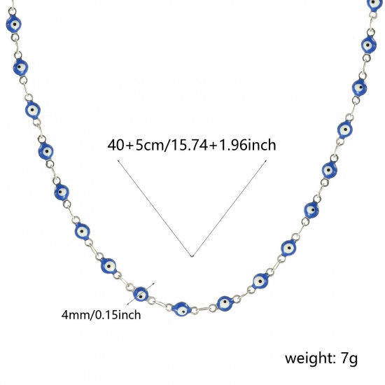 Immagine di Malocchio Blu Scuro Smalto a Doppia Faccia Collana All'Ingrosso, Catena a Maglia Fatta a Mano Tono Argento 304 Acciaio Inossidabile, Donne Ecologico Religione Retrò Regalo Gioielli Per Rivenditore, 40cm + 5cm Lunghezza, Dimensione della Catena: 4mm, 1 Pz