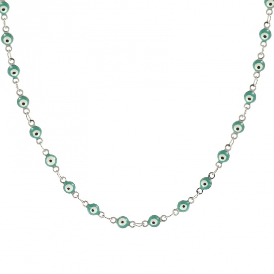 Immagine di Malocchio Verde Blu Smalto a Doppia Faccia Collana All'Ingrosso, Catena a Maglia Fatta a Mano Tono Argento 304 Acciaio Inossidabile, Donne Ecologico Religione Retrò Regalo Gioielli Per Rivenditore, 40cm + 5cm Lunghezza, Dimensione della Catena: 4mm, 1 Pz