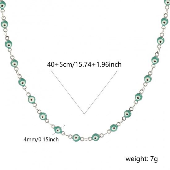 Immagine di Malocchio Verde Blu Smalto a Doppia Faccia Collana All'Ingrosso, Catena a Maglia Fatta a Mano Tono Argento 304 Acciaio Inossidabile, Donne Ecologico Religione Retrò Regalo Gioielli Per Rivenditore, 40cm + 5cm Lunghezza, Dimensione della Catena: 4mm, 1 Pz