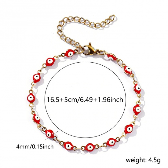 Imagen de Mal de ojo Rojo Esmalte de Doble Cara 304 Acero Inoxidable Cadena de Eslabones Hechos a Mano Pulseras Al Por Mayor, 18K Oro Real Chapado Recubrimiento al Vacío PVD Ecológico Impermeable Antioxidante Hipoalergénico, Mujeres Religión Retro Regalo Suministro de Joyería, 16.5cm longitud, Tamaño de la Ca