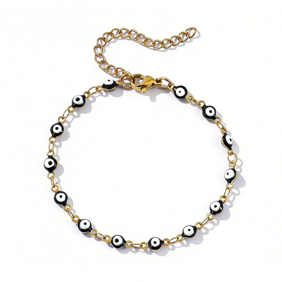 Imagen de Mal de ojo Negro Esmalte de Doble Cara 304 Acero Inoxidable Cadena de Eslabones Hechos a Mano Pulseras Al Por Mayor, 18K Oro Real Chapado Recubrimiento al Vacío PVD Ecológico Impermeable Antioxidante Hipoalergénico, Mujeres Religión Retro Regalo Suministro de Joyería, 16.5cm longitud, Tamaño de la C